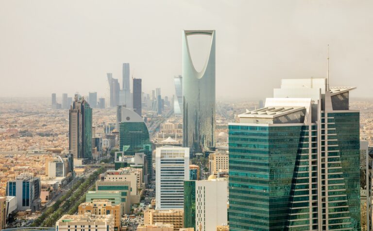 Aerial panorama of downtown of Riyadh city with skyscrapers of Al Olaya central business district, Al Riyadh, Saudi Arabia